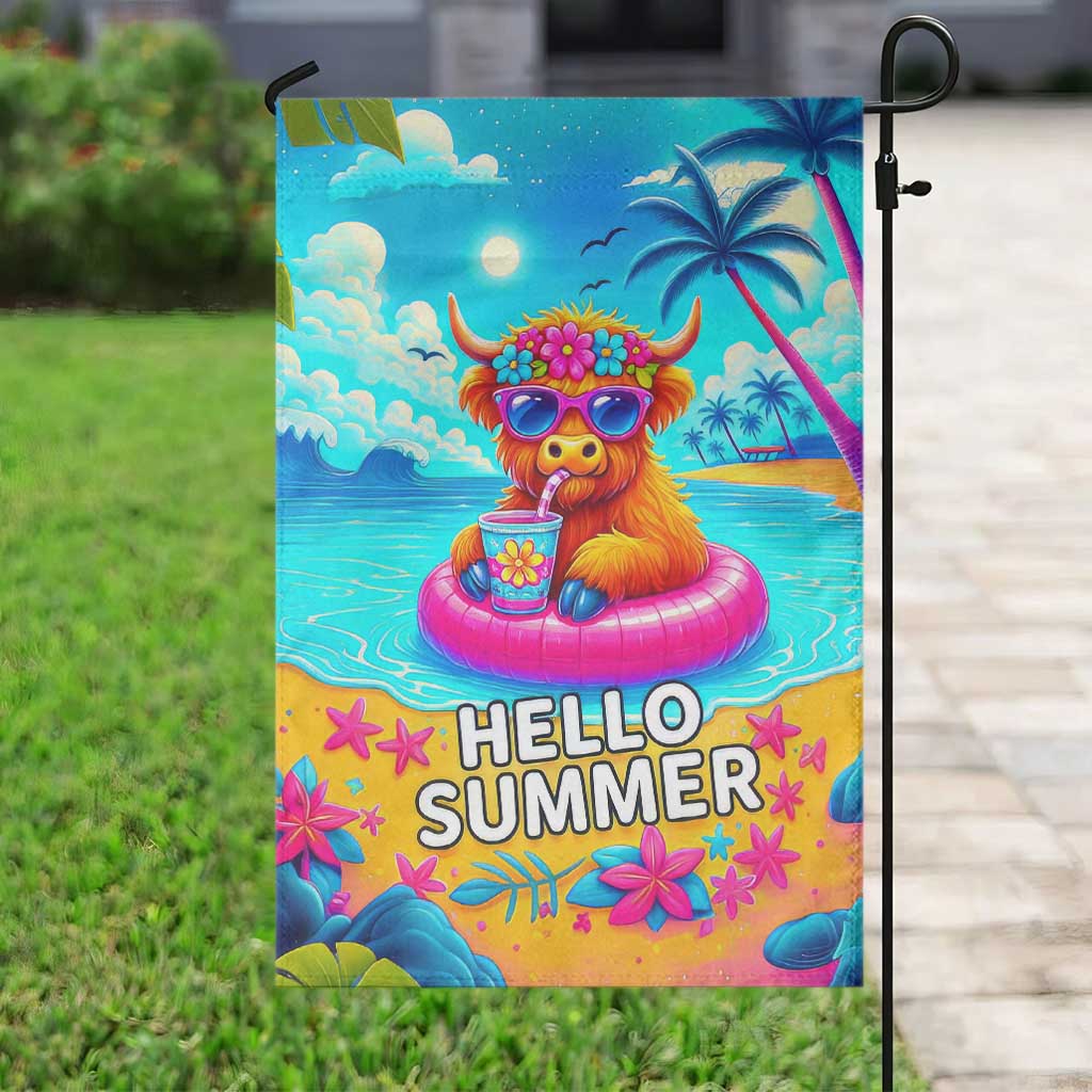 Hello Summer Highland Cow Floating Tropical Beach Garden Flag Oasis Summer Vibes