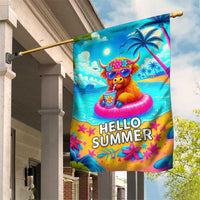 Hello Summer Highland Cow Floating Tropical Beach Garden Flag Oasis Summer Vibes