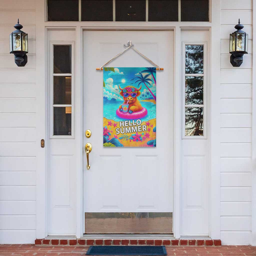 Hello Summer Highland Cow Floating Tropical Beach Garden Flag Oasis Summer Vibes