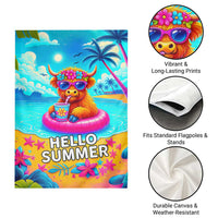Hello Summer Highland Cow Floating Tropical Beach Garden Flag Oasis Summer Vibes