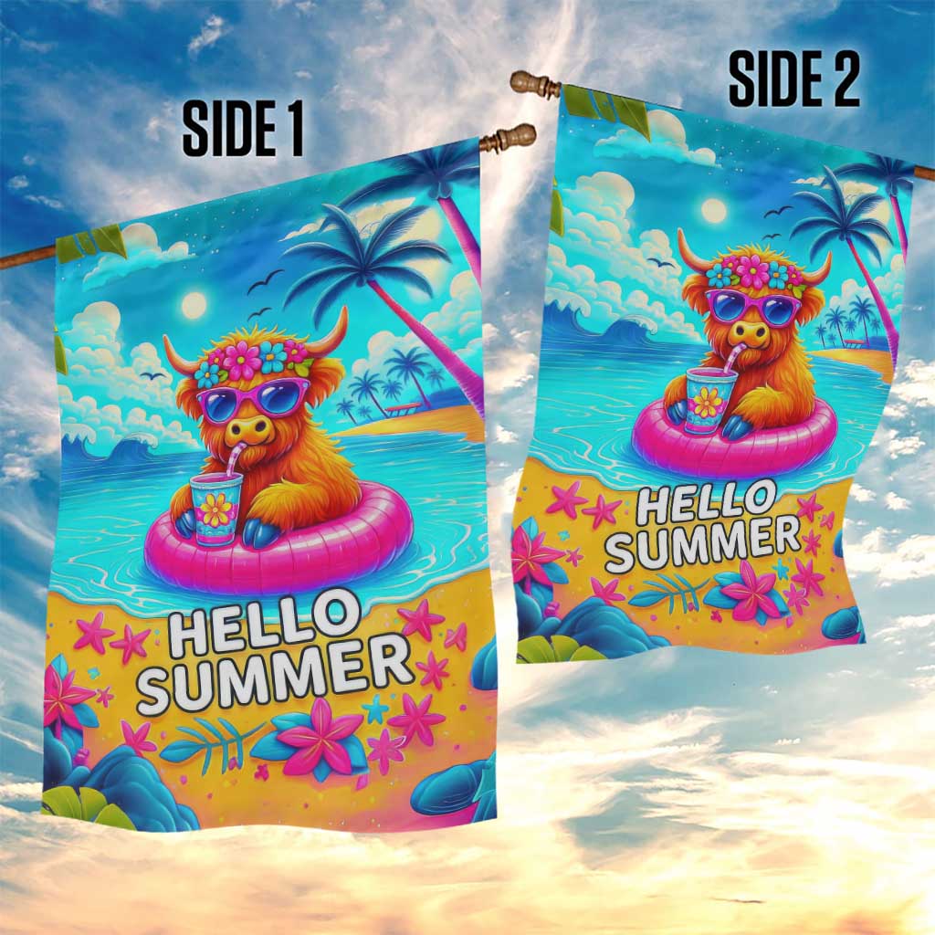Hello Summer Highland Cow Floating Tropical Beach Garden Flag Oasis Summer Vibes