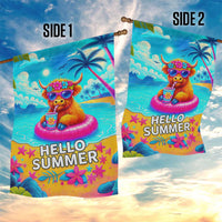 Hello Summer Highland Cow Floating Tropical Beach Garden Flag Oasis Summer Vibes
