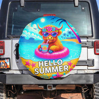 Hello Summer Highland Cow Floating Tropical Beach Spare Tire Cover Oasis Summer Vibes
