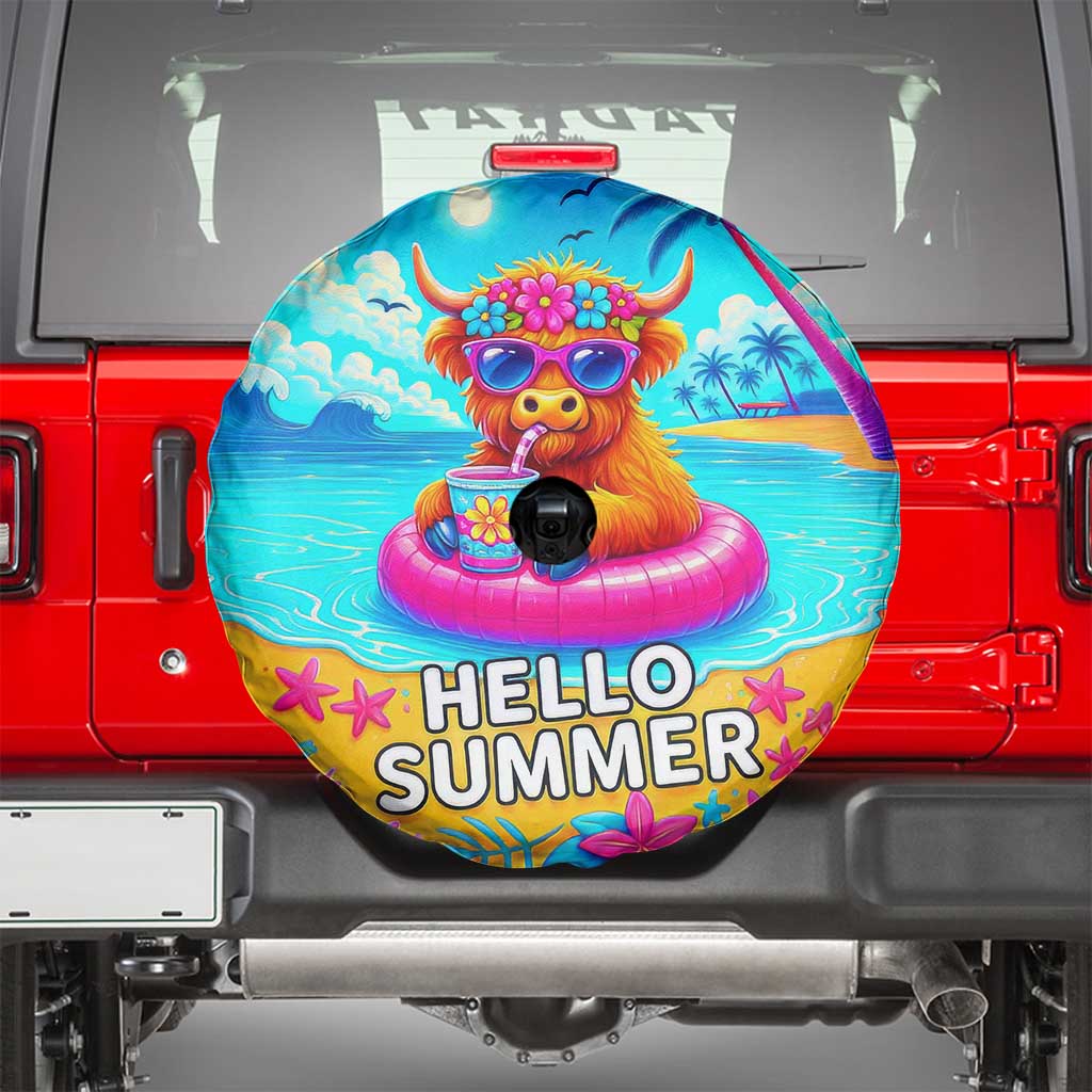 Hello Summer Highland Cow Floating Tropical Beach Spare Tire Cover Oasis Summer Vibes