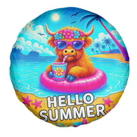 Hello Summer Highland Cow Floating Tropical Beach Spare Tire Cover Oasis Summer Vibes