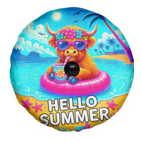 Hello Summer Highland Cow Floating Tropical Beach Spare Tire Cover Oasis Summer Vibes