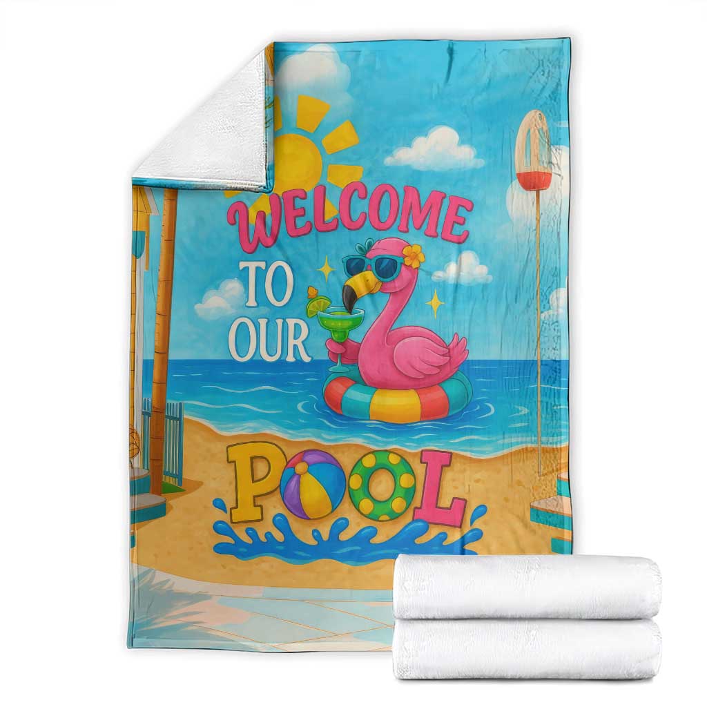 Welcome to Our Pool Floating Flamingo Tropical Throw Blanket Oasis Summer Vibes Beach Vacation