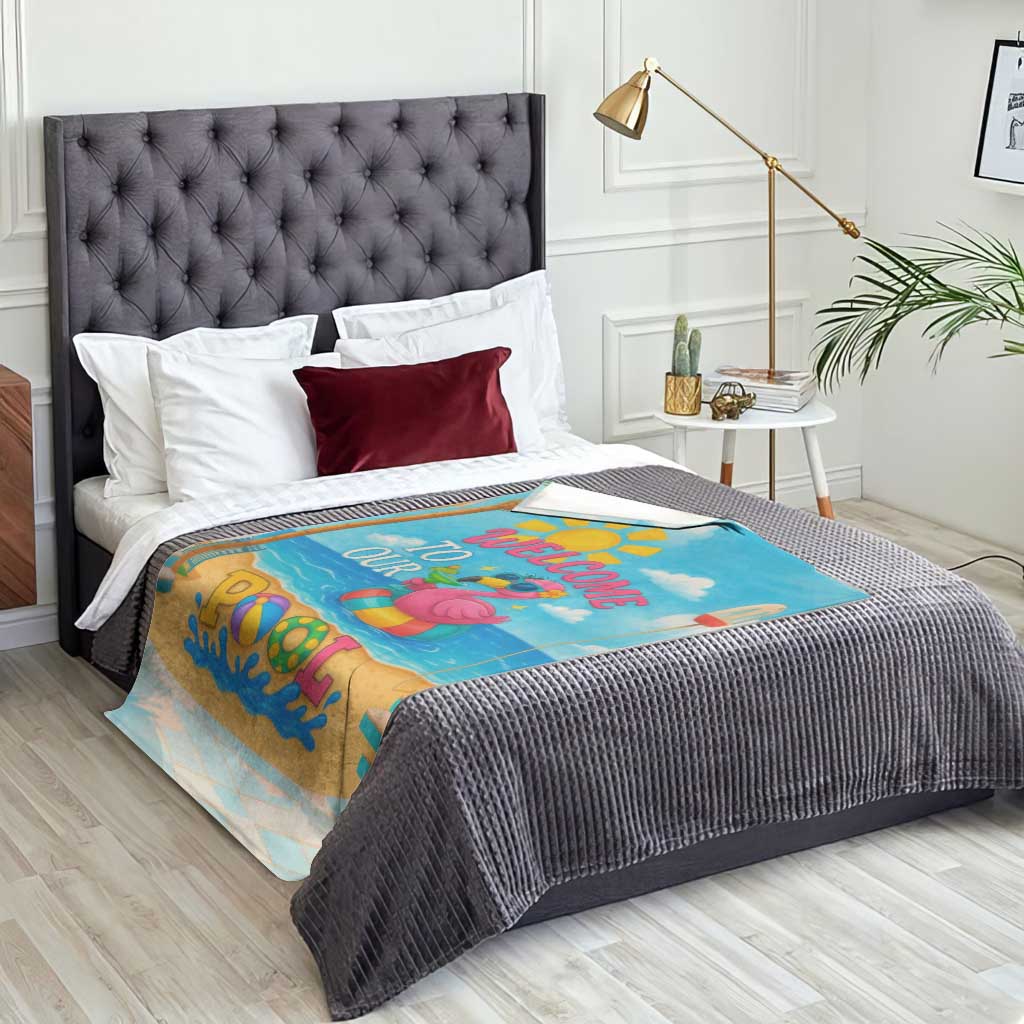 Welcome to Our Pool Floating Flamingo Tropical Throw Blanket Oasis Summer Vibes Beach Vacation