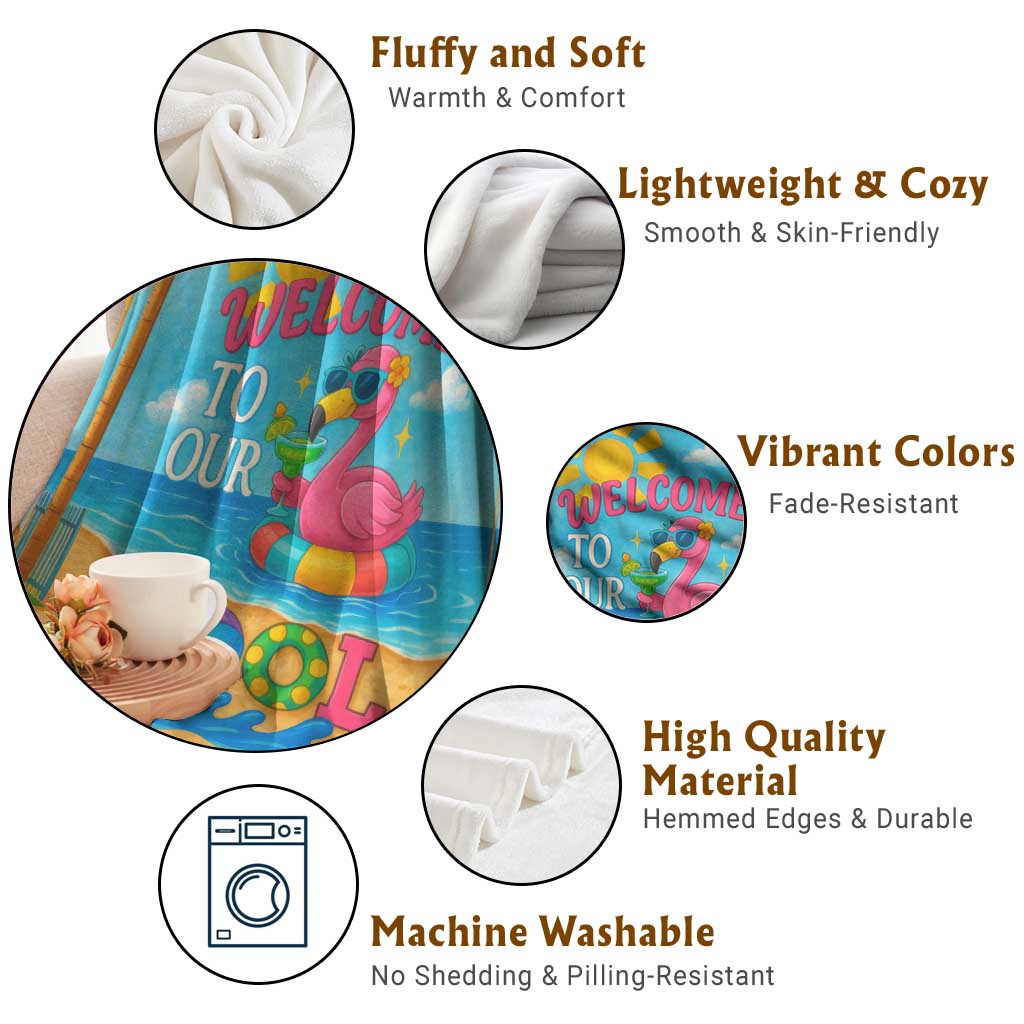 Welcome to Our Pool Floating Flamingo Tropical Throw Blanket Oasis Summer Vibes Beach Vacation