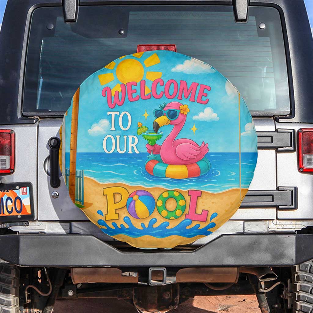 Welcome to Our Pool Floating Flamingo Tropical Spare Tire Cover Oasis Summer Vibes Beach Vacation