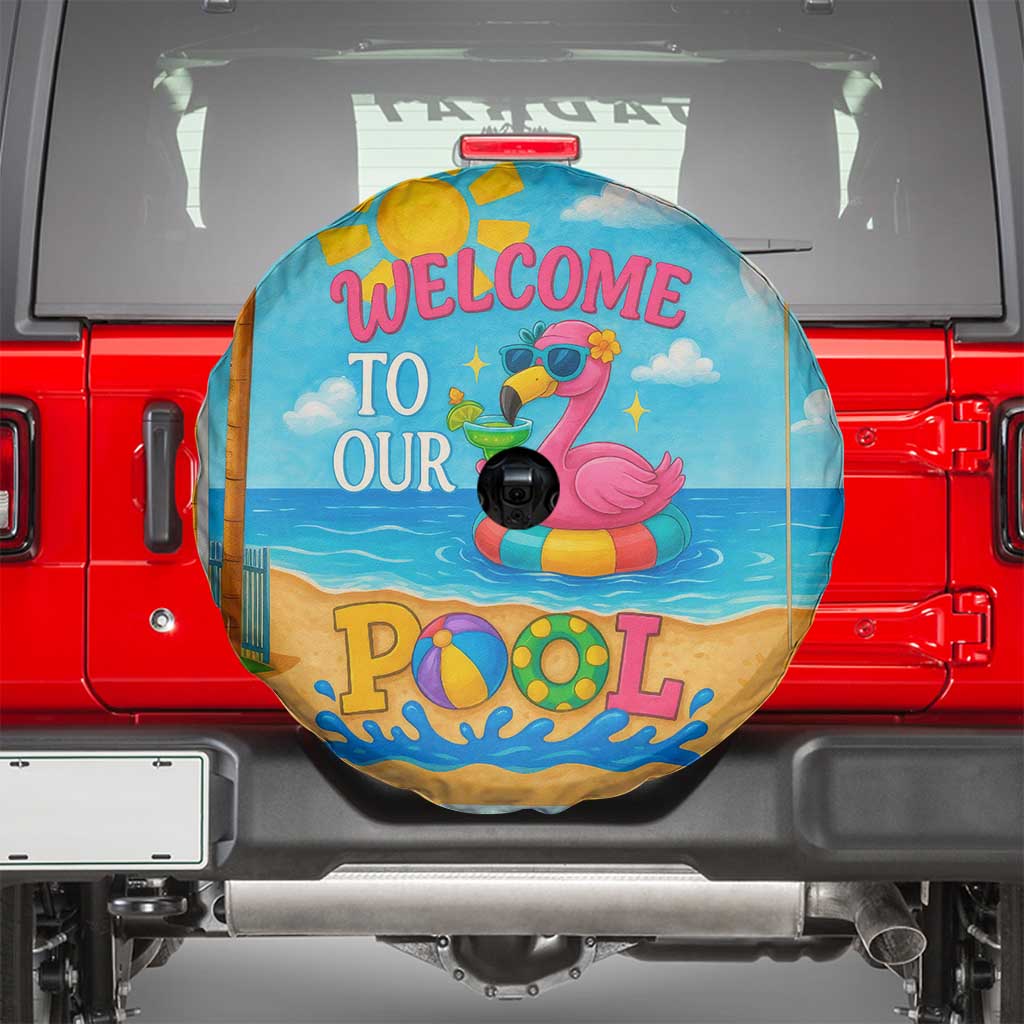 Welcome to Our Pool Floating Flamingo Tropical Spare Tire Cover Oasis Summer Vibes Beach Vacation