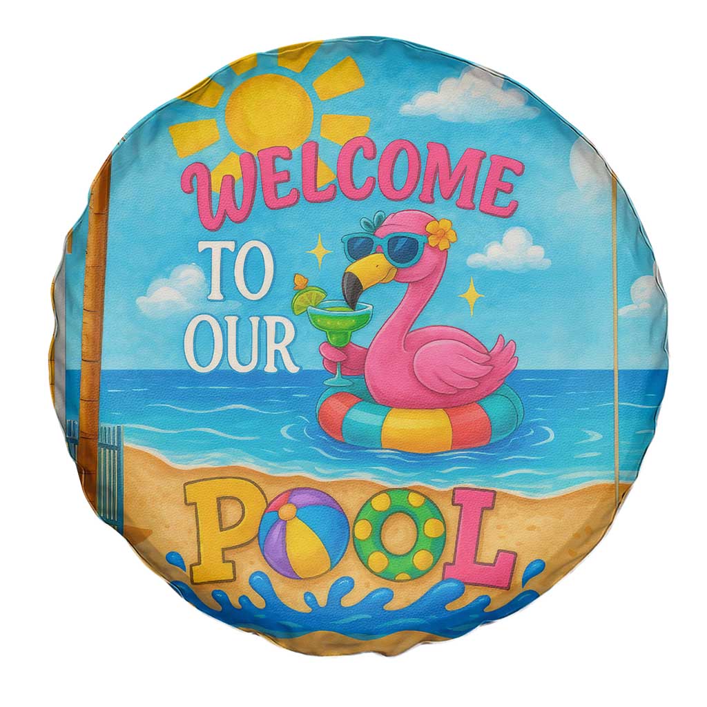 Welcome to Our Pool Floating Flamingo Tropical Spare Tire Cover Oasis Summer Vibes Beach Vacation