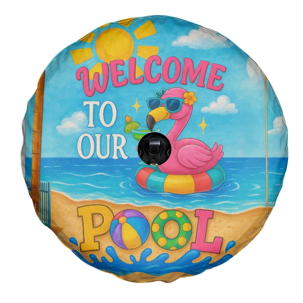 Welcome to Our Pool Floating Flamingo Tropical Spare Tire Cover Oasis Summer Vibes Beach Vacation