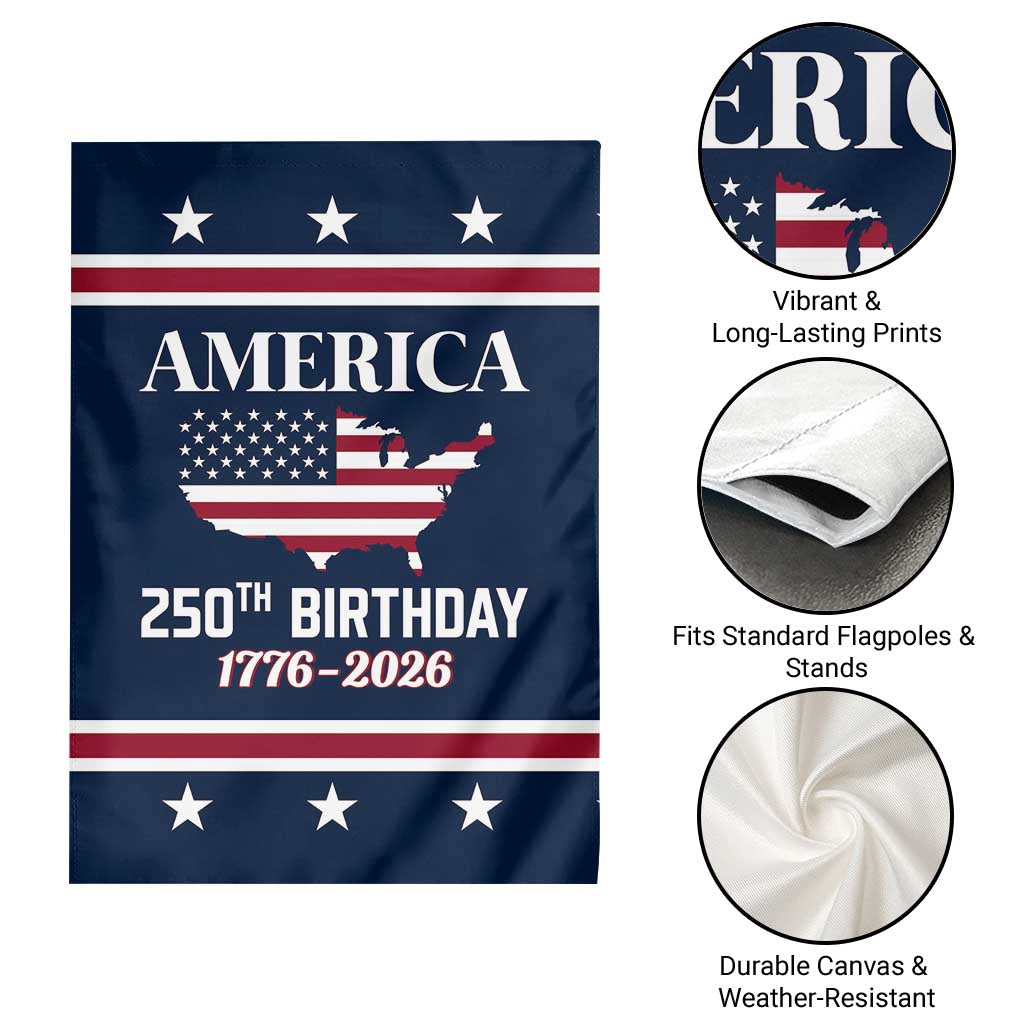 America 250th Birthday 1776 2026 Patriotic USA Map Garden Flag Red White Blue 4th of July Independence Celebration