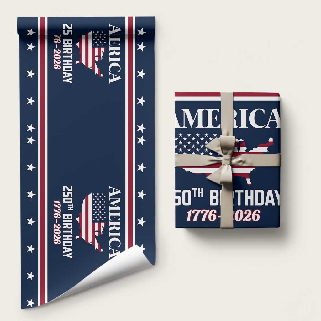 America 250th Birthday 1776 2026 Patriotic USA Map Wrapping Paper Roll Red White Blue 4th of July Independence Celebration