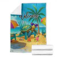 Welcome Beach Sea Turtle Relaxing in Chair Throw Blanket Tropical Oasis Summer Vibes Vacation]