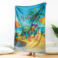 Welcome Beach Sea Turtle Relaxing in Chair Throw Blanket Tropical Oasis Summer Vibes Vacation]