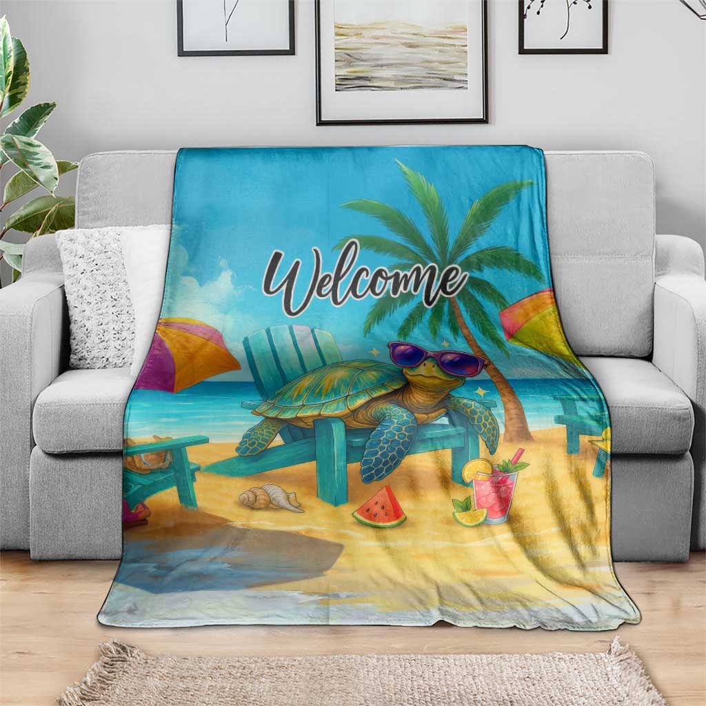 Welcome Beach Sea Turtle Relaxing in Chair Throw Blanket Tropical Oasis Summer Vibes Vacation]