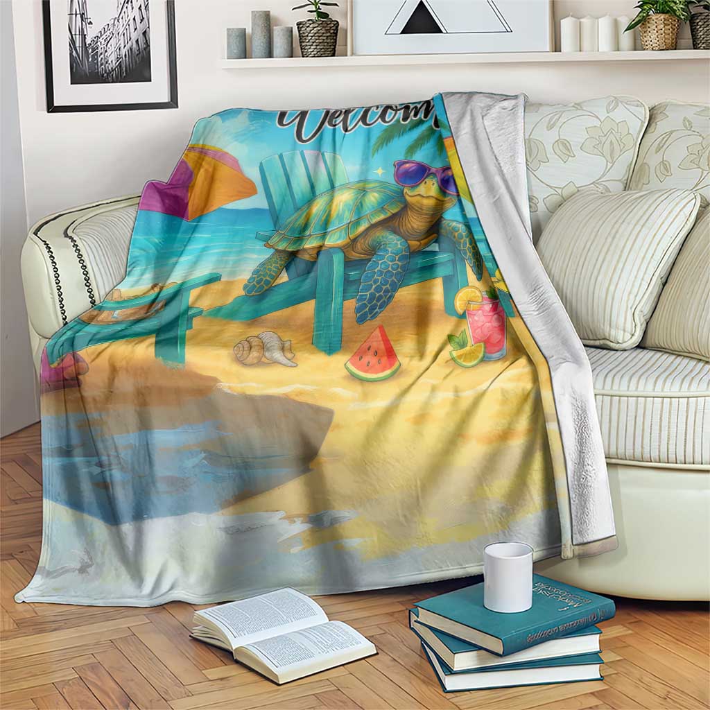 Welcome Beach Sea Turtle Relaxing in Chair Throw Blanket Tropical Oasis Summer Vibes Vacation]