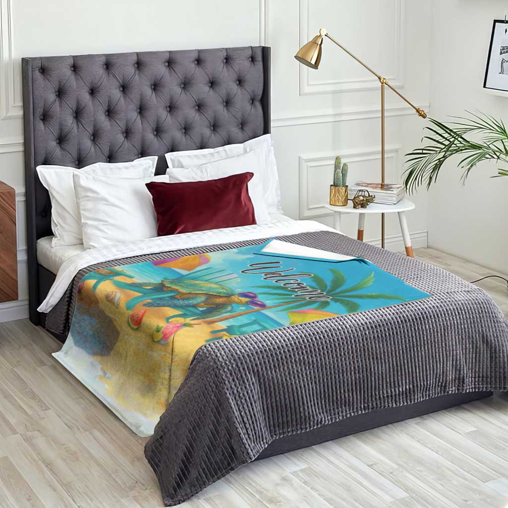 Welcome Beach Sea Turtle Relaxing in Chair Throw Blanket Tropical Oasis Summer Vibes Vacation]