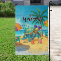 Welcome Beach Sea Turtle Relaxing in Chair Garden Flag Tropical Oasis Summer Vibes Vacation]