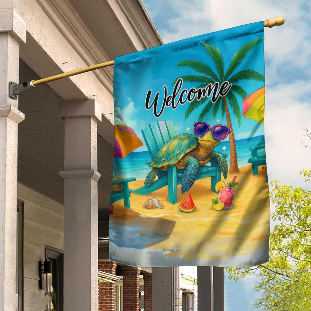 Welcome Beach Sea Turtle Relaxing in Chair Garden Flag Tropical Oasis Summer Vibes Vacation]