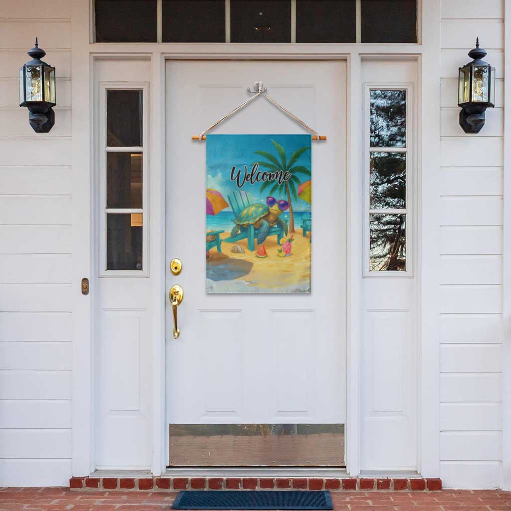 Welcome Beach Sea Turtle Relaxing in Chair Garden Flag Tropical Oasis Summer Vibes Vacation]