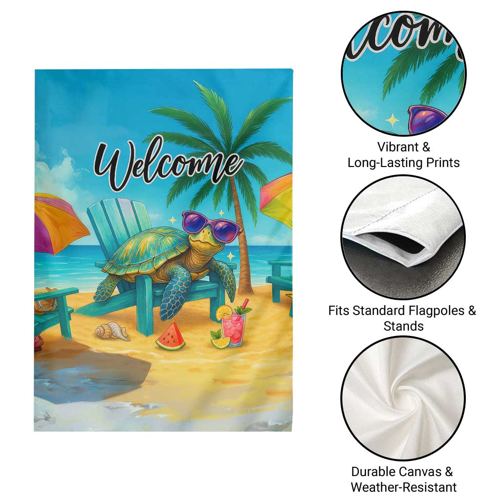 Welcome Beach Sea Turtle Relaxing in Chair Garden Flag Tropical Oasis Summer Vibes Vacation]