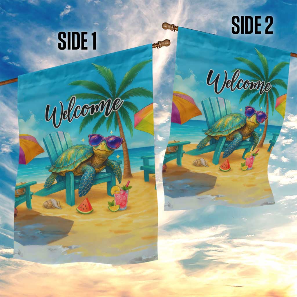 Welcome Beach Sea Turtle Relaxing in Chair Garden Flag Tropical Oasis Summer Vibes Vacation]