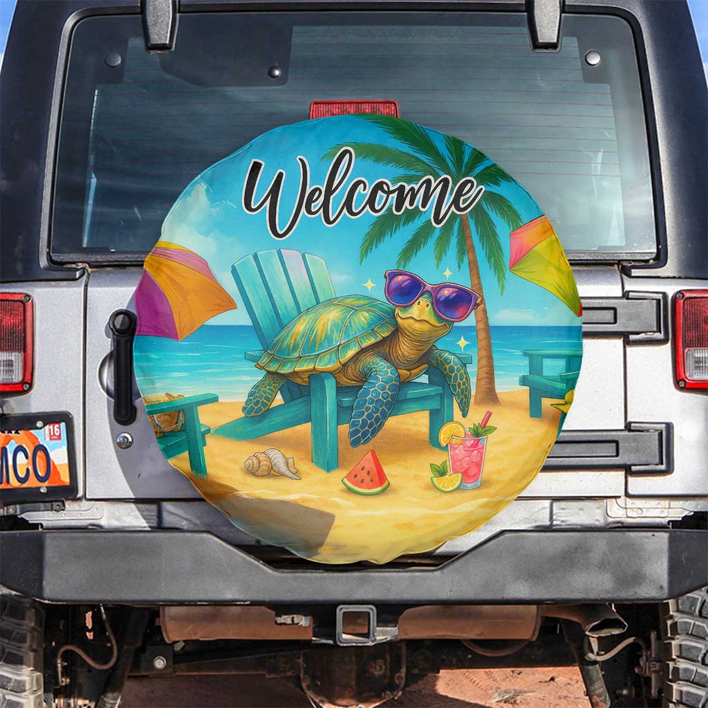 Welcome Beach Sea Turtle Relaxing in Chair Spare Tire Cover Tropical Oasis Summer Vibes Vacation]