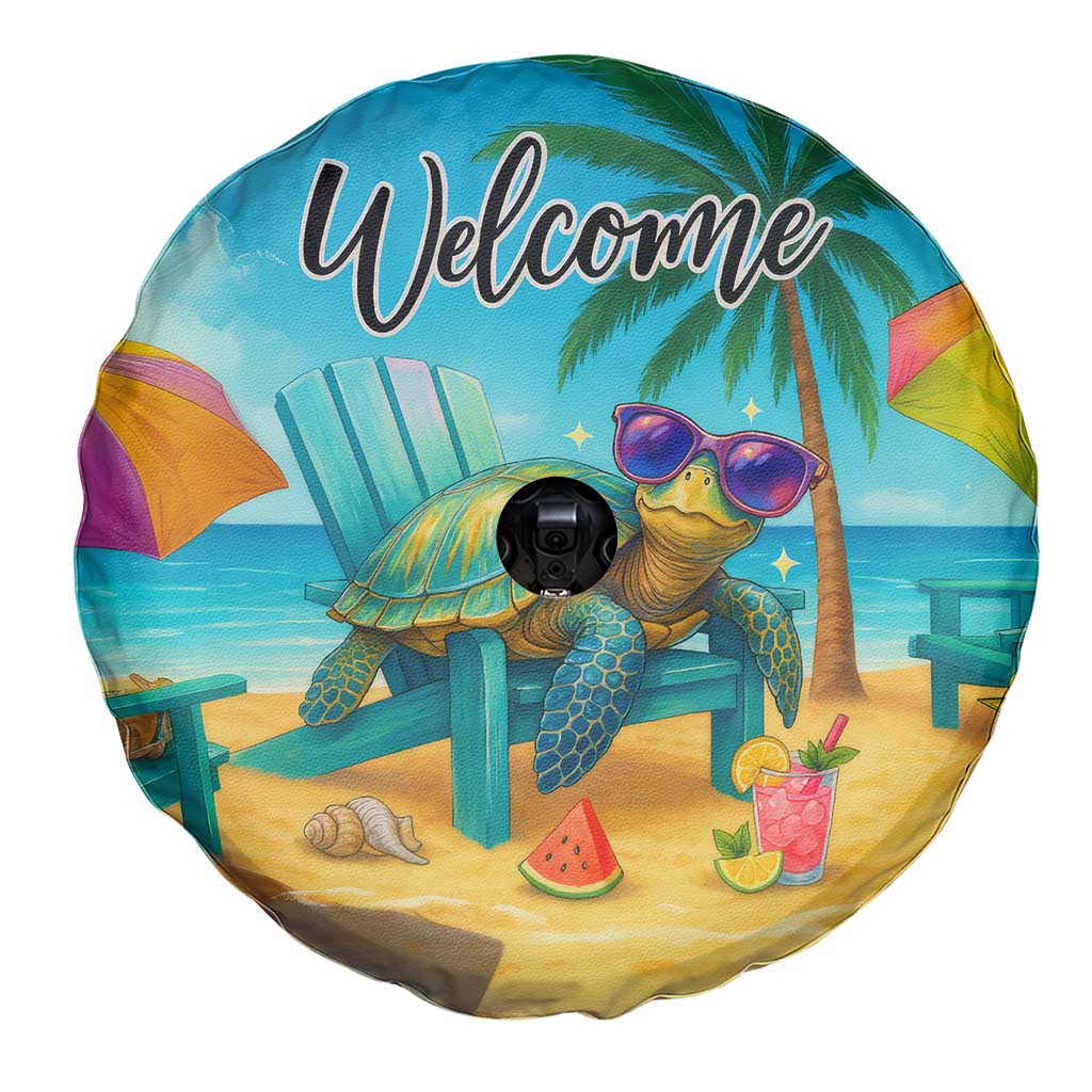 Welcome Beach Sea Turtle Relaxing in Chair Spare Tire Cover Tropical Oasis Summer Vibes Vacation]
