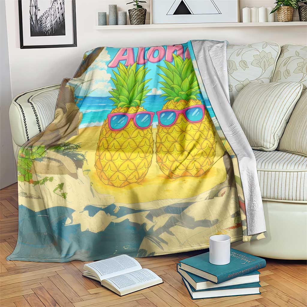 Aloha Sunglasses Pineapples Tropical Hawaii Throw Blanket Beach Vacation Oasis Summer Vibes