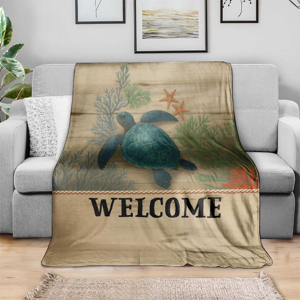 Welcome Sea Turtle Coastal Coral Wood Texture Ocean Throw Blanket
