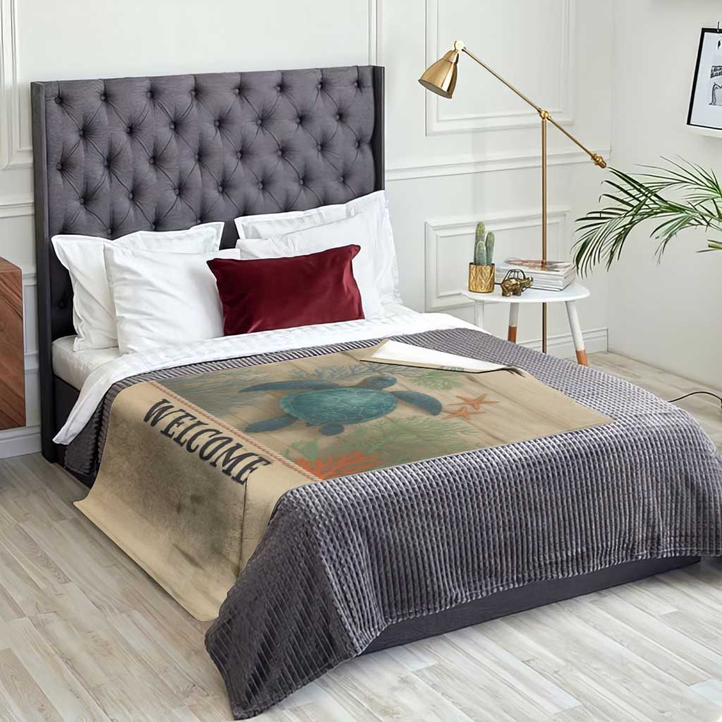 Welcome Sea Turtle Coastal Coral Wood Texture Ocean Throw Blanket