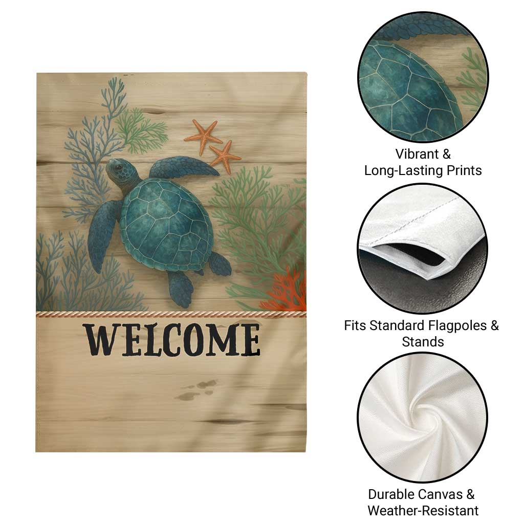 Welcome Sea Turtle Coastal Coral Wood Texture Ocean Garden Flag