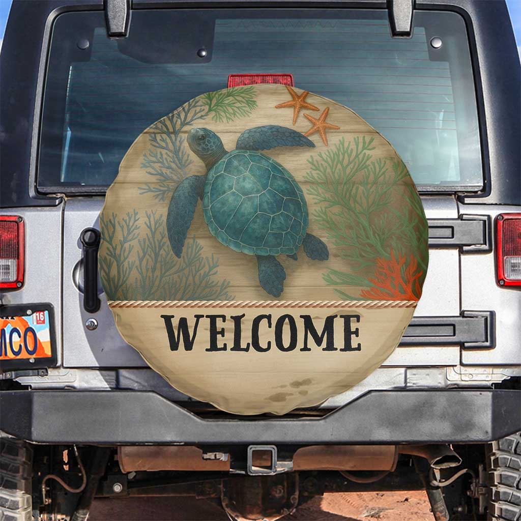 Welcome Sea Turtle Coastal Coral Wood Texture Ocean Spare Tire Cover