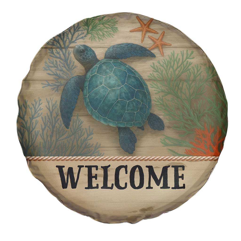 Welcome Sea Turtle Coastal Coral Wood Texture Ocean Spare Tire Cover