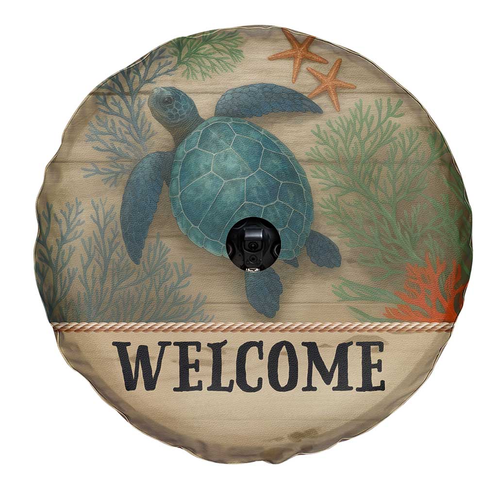 Welcome Sea Turtle Coastal Coral Wood Texture Ocean Spare Tire Cover