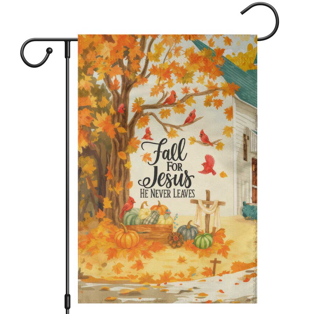 Fall for Jesus He Never Leaves Autumn Church and Pumpkins Garden Flag