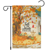 Fall for Jesus He Never Leaves Autumn Church and Pumpkins Garden Flag