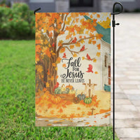 Fall for Jesus He Never Leaves Autumn Church and Pumpkins Garden Flag