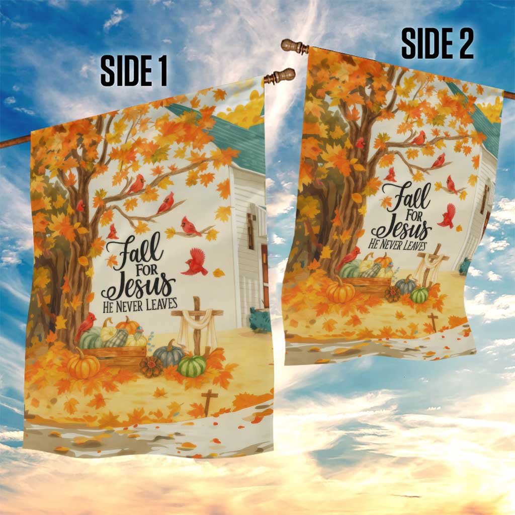 Fall for Jesus He Never Leaves Autumn Church and Pumpkins Garden Flag