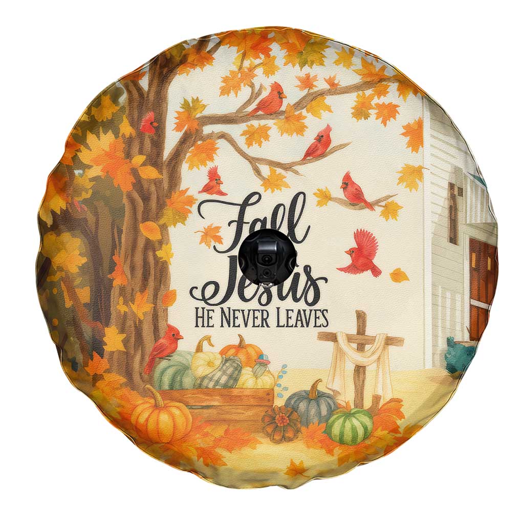 Fall for Jesus He Never Leaves Autumn Church and Pumpkins Spare Tire Cover