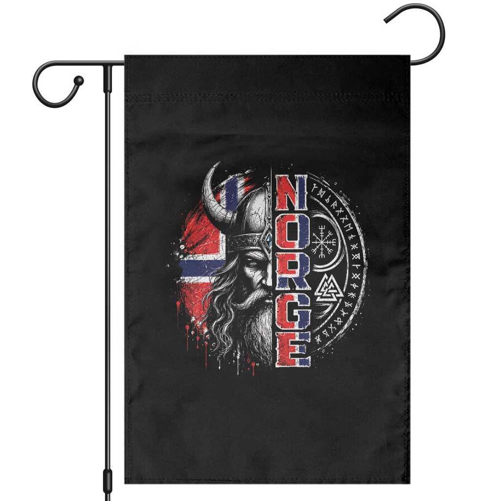 Fierce Norge Viking Warrior with Horned Helmet Graphic Garden Flag Norway Pride Distressed Norwegian Flag and Runes