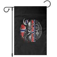 Fierce Norge Viking Warrior with Horned Helmet Graphic Garden Flag Norway Pride Distressed Norwegian Flag and Runes