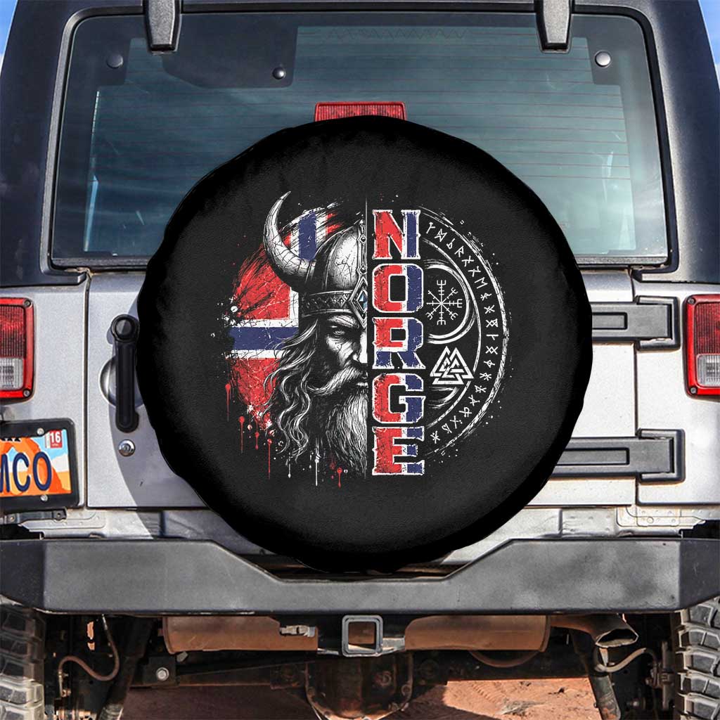 Fierce Norge Viking Warrior with Horned Helmet Graphic Spare Tire Cover Norway Pride Distressed Norwegian Flag and Runes