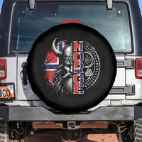 Fierce Norge Viking Warrior with Horned Helmet Graphic Spare Tire Cover Norway Pride Distressed Norwegian Flag and Runes