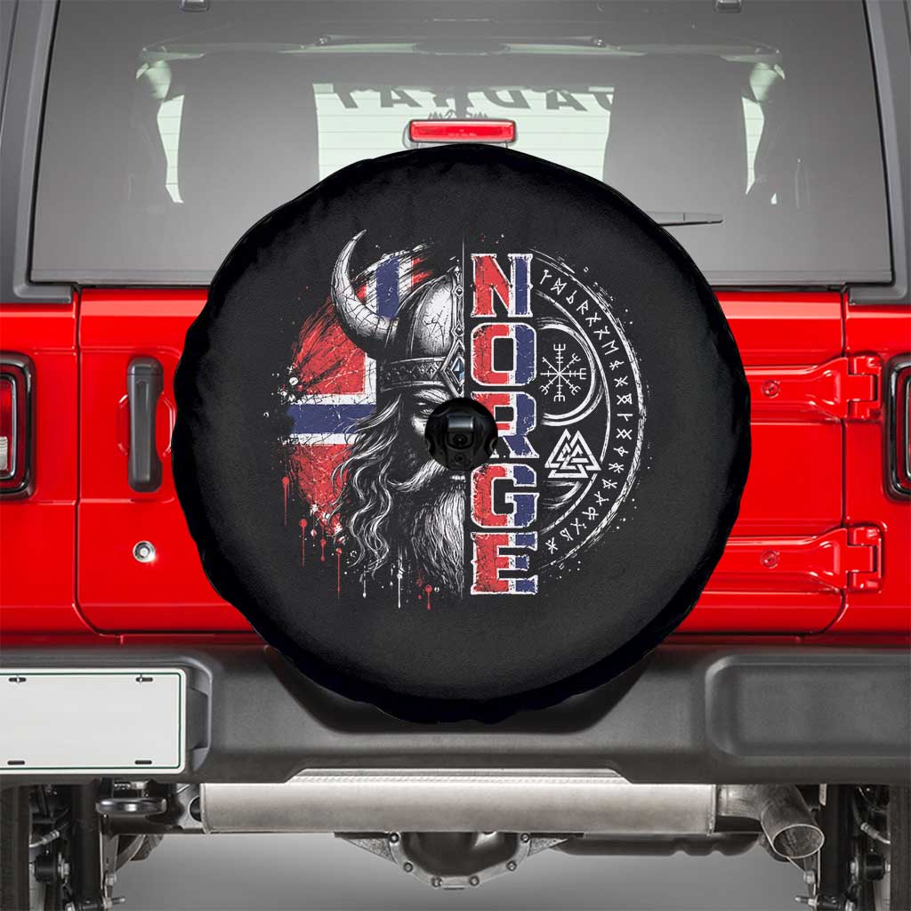 Fierce Norge Viking Warrior with Horned Helmet Graphic Spare Tire Cover Norway Pride Distressed Norwegian Flag and Runes