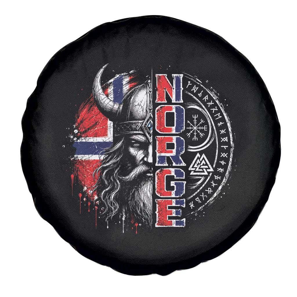 Fierce Norge Viking Warrior with Horned Helmet Graphic Spare Tire Cover Norway Pride Distressed Norwegian Flag and Runes
