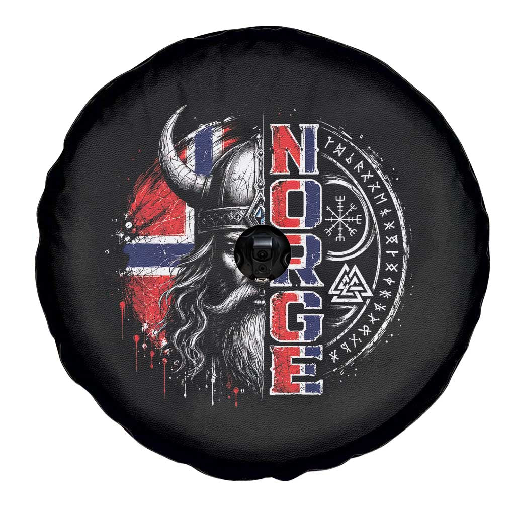 Fierce Norge Viking Warrior with Horned Helmet Graphic Spare Tire Cover Norway Pride Distressed Norwegian Flag and Runes